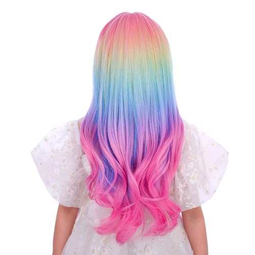 Rainbow Kids Long Curly Wavy Wig - Colorful Synthetic Hair with Cap - Variation of THIS listing
