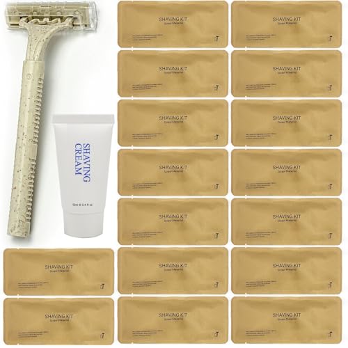 Disposable Shave Kit for Men &Women - 50 Pcs Wheat Straw Razors and Cream Bulk, Individually Wrapped Portable Toiletries Amenities for Hotel, Airbnb, Homeless, Shelter, Charity, Camping and Travel