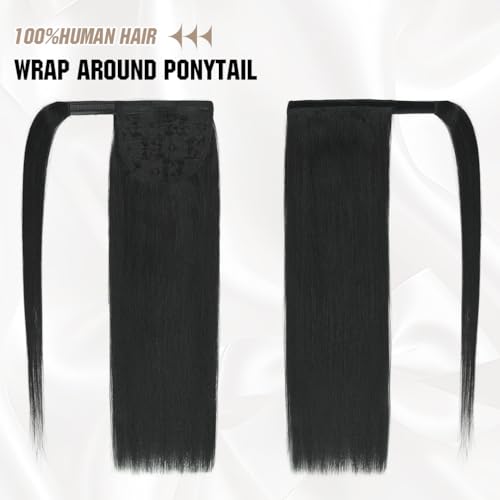 Natural Black 16 Inch Human Hair Ponytail Extension - Clip-In & Wrap Around US