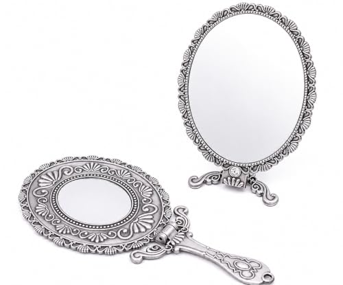 SEHAMANO Vintage Double Sided Handheld Makeup Mirror - Matte Grey (Tin) - Folding Travel & Stand Mirror with Magnification