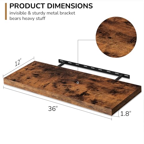 Rustic Brown Floating Shelves 36 Inch - Deep & Thick Wall Storage Set for Living Room & Kitchen - 2 Pack