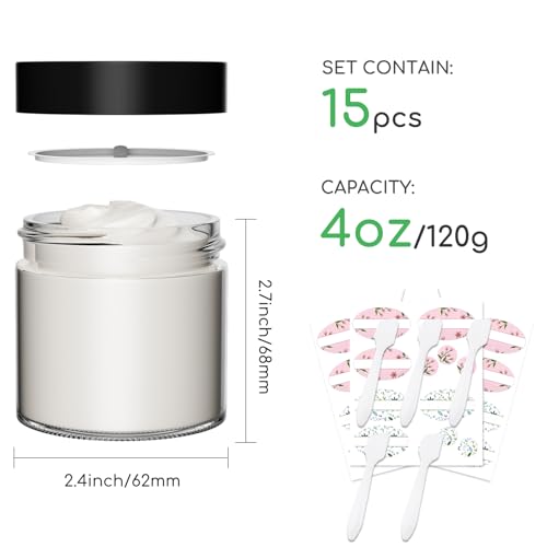 15 Pack 4 oz Clear Glass Cosmetic Jars with Black Lids & Labels