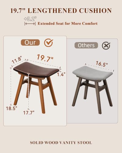 Walnut Vanity Stool with Extra-Long 19.7-Inch Seat - Solid Rubberwood Frame