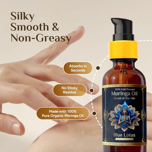 Pure Organic Moringa Oil with Blue Lotus Flower ? Deep Hydrating & Anti-Aging Ritual Oil for Skin, Hair & Nails ? Premium 100% Cold Pressed Moringa Seed Extraction, Nourishes & Hydrates Skin 2oz.