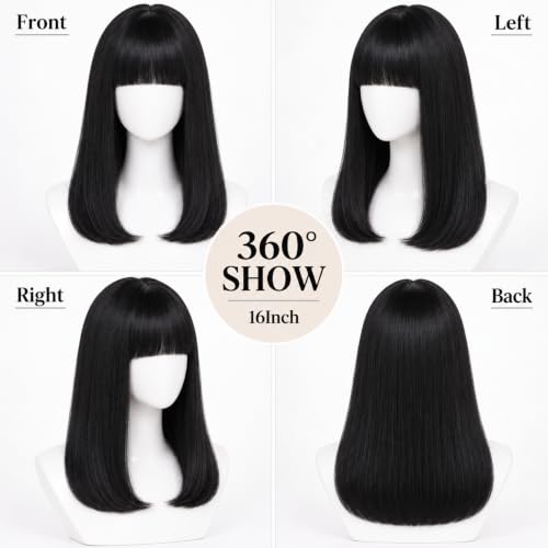 Black Short Straight Bob Wig with Bangs - 16 Inch Synthetic Hair for Women - Variation: Black