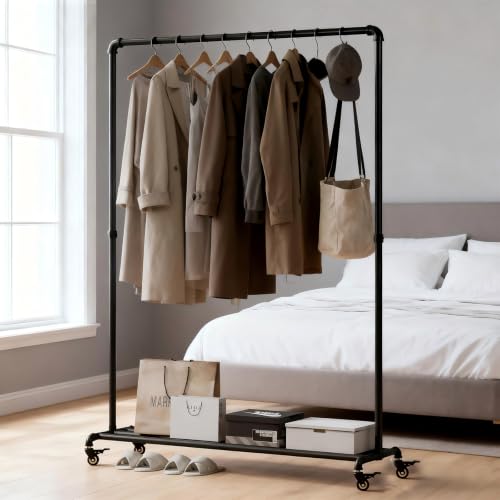 Black Industrial Pipe Clothing Rack with Wheels and Bottom Shelf - Heavy Duty Garment Stand