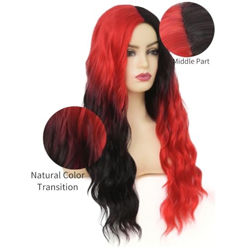 Long Curly Half Red Black Wig 27 Inch Synthetic Wavy Costume Hair for Women - Variation of THIS listing