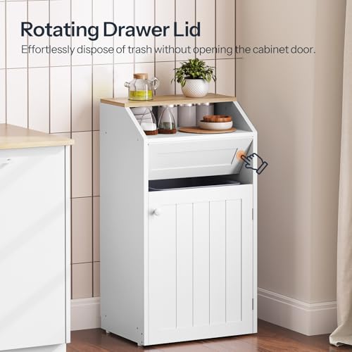 White Freestanding Trash Cabinet with Flip Door - 10 Gallon Hidden Kitchen Garbage Can - YATINEY