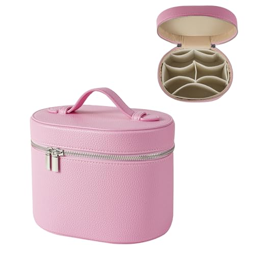 RSRSLEII Pink Waterproof PU Leather Makeup Bag with Removable Compartments - Travel Toiletry Storage