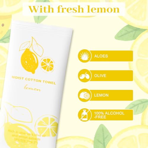 Moist Cotton Towel Bulk Moist Towelettes Individually Wrapped,White Towel Services,Refreshment Pre Moistened Towels for Dentist Travel Sport Party Hotel 200,Lemon