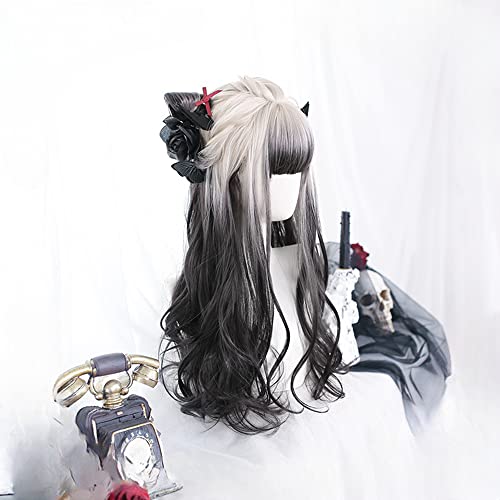 Wavy Long Black White Synthetic Hair Lifelike Daily Sweet Lolita Japanese Hot Princess Cosplay Party Natural Female Wigs with Bangs