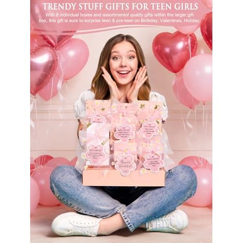 Easter Basket Gifts for Tween & Teen Girls, 8 PCS Birthday Gift Teenage Girl Gifts Trendy Stuff w/Fun Task Tag Makeup Brushes & Bag, Empower Positive Wrapped Gift Prefilled Stuffers for Daughter Niece