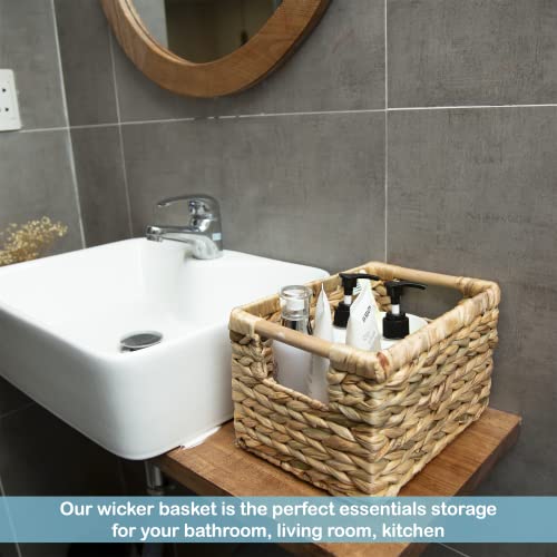 Water Hyacinth Small Wicker Storage Baskets - 3 Pack with Wooden Handles, 10 x 7.5 x 6.3 Inches