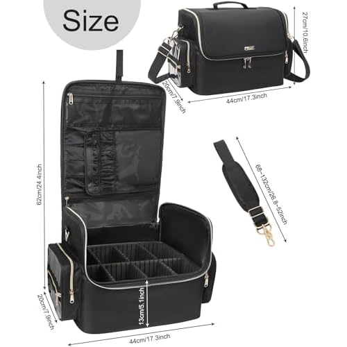 Professional Makeup Artist Bag, Extra Large Makeup Bag Organizer Travel Cosmetic Train Case Tattoo Case Makeup Organizer Box with Adjustable Dividers &Shoulder Straps(Black, Extra Large)
