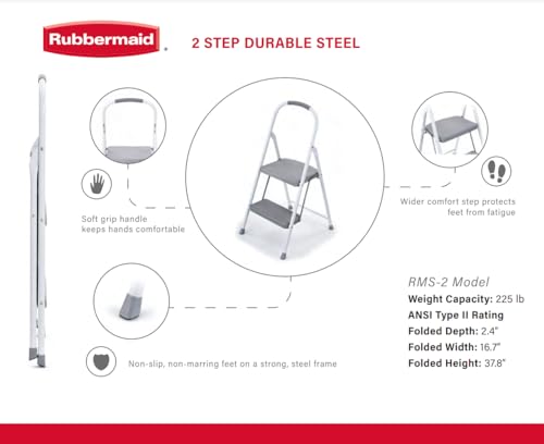 2-Step Steel Step Stool Ladder with Hand Grip - White, ANSI Type 2 Duty Rating