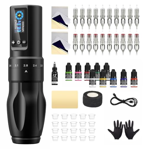 Wireless Tattoo Kit with Adjustable Gun, 20 Needles, 11 Inks & Power Supply