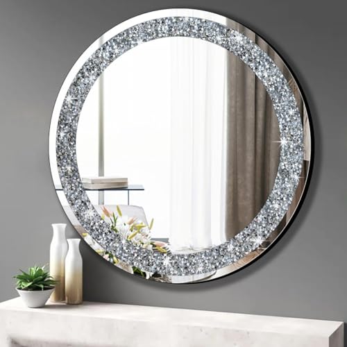 QMDECOR 28x28 Inch Round Wall Mirror with Crystal Diamond Accents - Silver Home Decor Variation of THIS listing