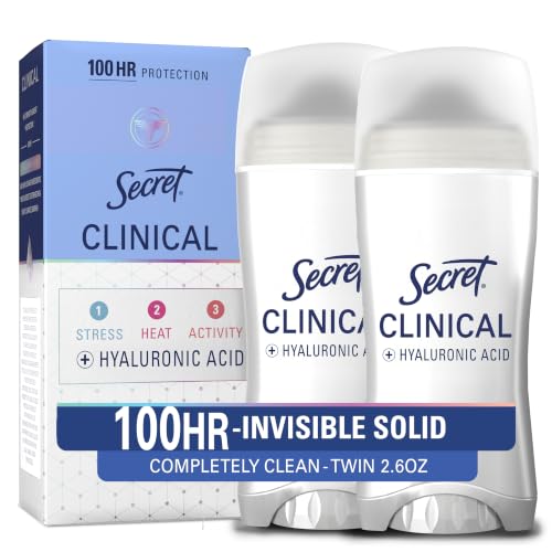 Secret Clinical Strength Invisible Solid Antiperspirant Deodorant for Women - 100HR Stress & Odor Protection, Hyaluronic Acid, Completely Clean Scent, 2.6 oz Pack of 2