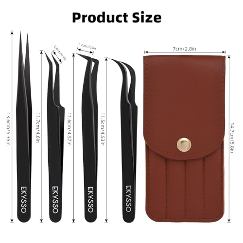 Eyelash Tweezers for Lash Extensions (Set of 4), Professional Lash Extension Tweezers Kit, Lash Tweezers for Mega Volume, Isolation & Classic False Lashes
