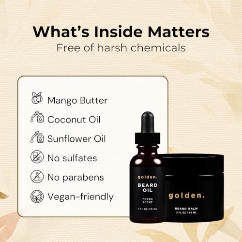 Golden Grooming Beard Bundle for Black Men - Fresh Scent - Natural Growth Kit with Balm & Oil