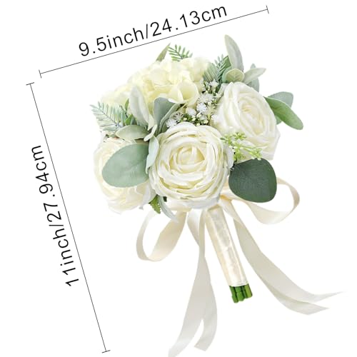 White-2 Set of 6 Bridesmaid Bouquets for Wedding - Ivory Silk Roses & Green Eucalyptus