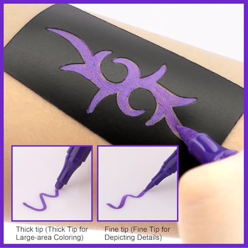 Ponhey Temporary Tattoo Markers for Skin, 12 Body Markers+67 Large Tattoo Stencils,Dual-End Tattoo Pens,Fine Lines with Cosmetic-Grade,Flexible, Skin-Safe Face Paint Kit for Teenage Adults