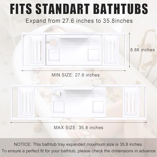 Bathtub Tray Caddy,Premium Bamboo Expandable Bath Tub Trays Table, Foldable Bathroom Accessories,Great House Warming, Anniversary and Birthday Gifts,White