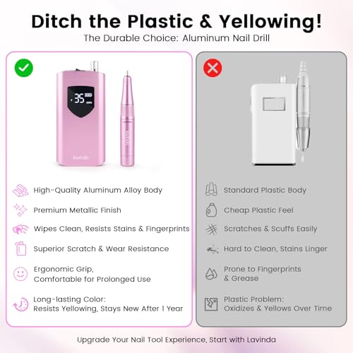 Lavinda Nail Drill 35000 RPM, Cordless Rechargeable Electric Nail File Machine, Professional Efile for Acrylic Nails, Gel Polish, Cuticle Removal, Home and Salon (Pink)