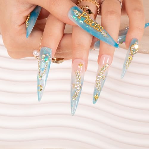 Press On Nails Pisces Blue French Tip - Reusable Stiletto Full Cover Nails