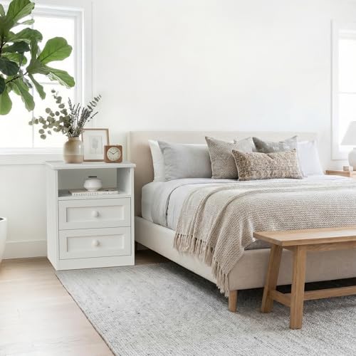 White Wooden Nightstand with Charging Station and LED Lights - Modern Bedside Table with 2 Drawers