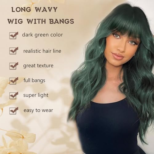 Dark Green Wavy Wig with Bangs for Women - 26 Inch Long Synthetic Hair, Natural Look, Heat Resistant, Adjustable Fit