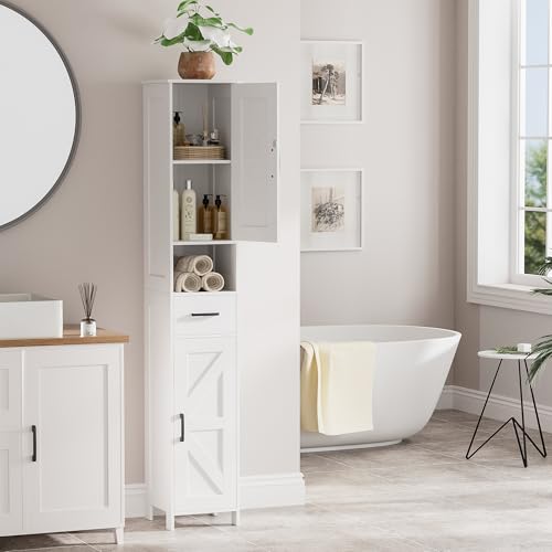 Homhedy 67-Inch Tall Bathroom Storage Cabinet - White, Reversible Doors & Adjustable Shelves