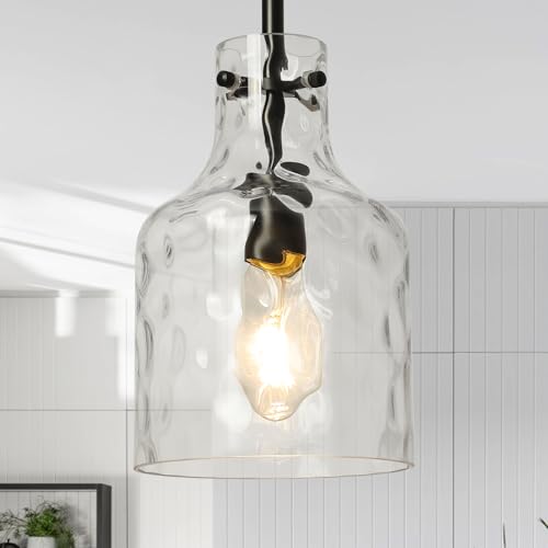 Black Hammered Glass Pendant Light Fixture for Kitchen Island - 7 Inch Modern Farmhouse Lighting - Variation of Black-Hammered Glass / 1-Light