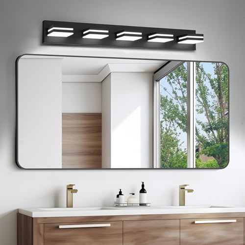 Black 5-Light Dimmable Bathroom Vanity Light Fixture - 360° Rotatable, Matte Black Acrylic Wall Sconce, Over Mirror LED Lighting - 30 Inch