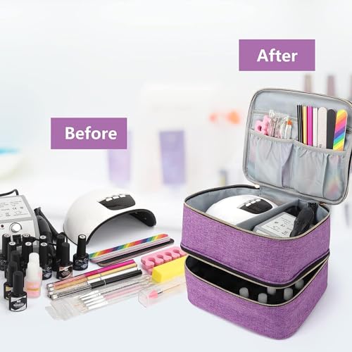Meichoon Essentials Nail Polish Carrying Organizer 2 Layers Storage Holder Case with Adjustable Bottle Compartment 30 Bottles of Gel lamp and Manicure Tools Large Makeup Bag Travel Purple