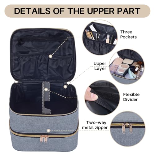 Double Layer Makeup Bag with Adjustable Dividers - Gray Gold, Travel Cosmetic Organizer