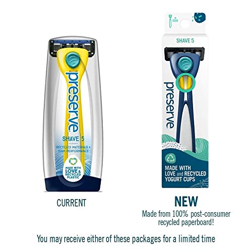 Preserve Shave 5 Five Blade Refillable Razor, Made from Recycled Materials, Sunshine Yellow and Preserve Five Blade Replacement Cartridges Wave Edition (4 Count) Bundle