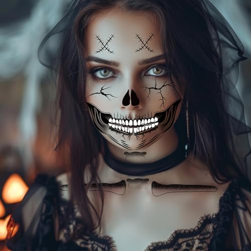 U-Goforst 2X Skeleton Face Tattoo, Skeleton Hand Tattoo Glow in The Dark, Skull Halloween Face Tattoos Hand Bones Temporary Tattoos Sticker, Classic Skeleton Makeup for Women Men Adult