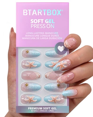 BTArtbox Press On Nails - Medium Almond Blue Star Fake Nails - Tide Play Variation 30Pcs