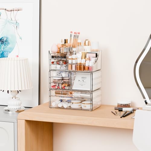 Yieach 9-Drawer Clear Makeup Organizer for Vanity & Bathroom, Stackable Acrylic Storage