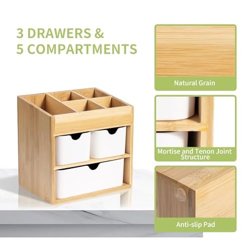 Bamboo Vanity Organizers with 3 Drawer, Mini Desk Organizer for Home, 3-tier Study/Office Organizer Rack, Adjustable 5 Compartment Makeup Display Case, Dresser Storage for Lipstick, Jewelry, Nail Care