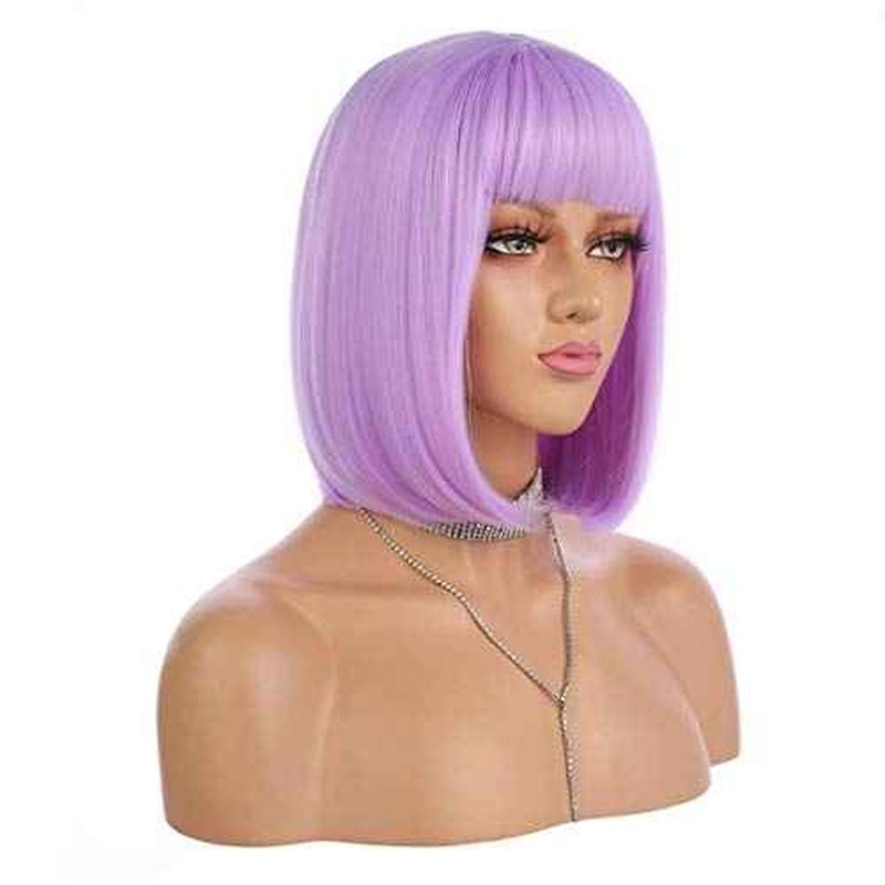 eNilecor Short Bob Hair Wigs 12" Straight with Flat Bangs Synthetic Colorful Cosplay Daily Party Wig for Women Natural As Real Hair+ Free Wig Cap (Lavender Purple)