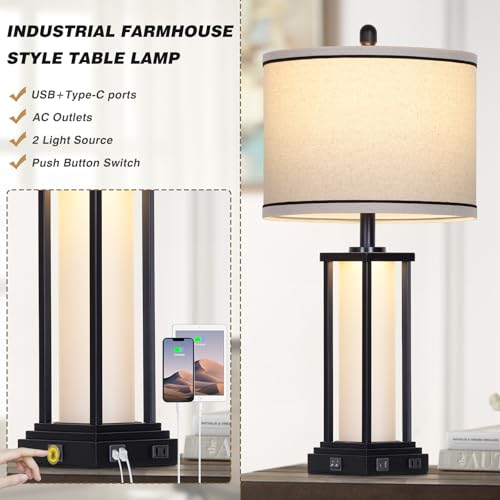 27-Inch Vintage Black Farmhouse & Industrial Table Lamp Set with USB-C, Outlet & Frosted Glass Night Light - Variation: Black