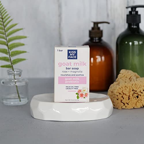 Kiss My Face Goat Milk Bar Soap - Rose + Magnolia - Probiotic Goat Milk Soap Bar - Cruelty Free and Palm Oil Free (Rose + Magnolia, Pack of 1)