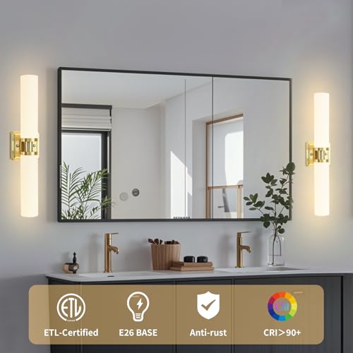 Gold Wall Sconces Set of Two - 22 Inch Modern Vanity Lights with Frosted Glass Shades