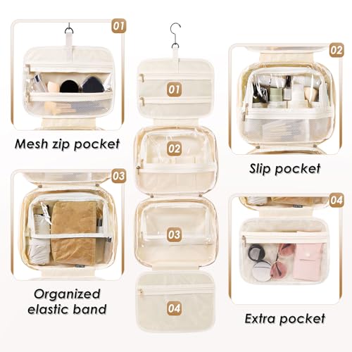 Beige Travel Toiletry Bag for Women, Hanging Cosmetic Organizer