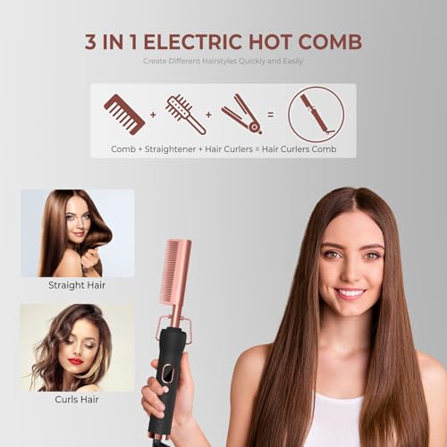 Black Hot Comb for Wigs & Hair Styling - 12 Temp Settings up to 450°F, Portable Electric Straightening & Curling Iron - Trylater