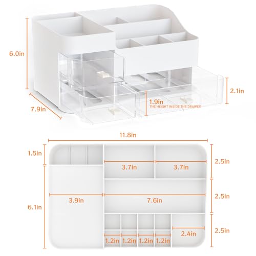 Cq Acrylic White Large Makeup Organizer with 3 Drawers – Countertop Storage for Beauty Products, Brushes, Palettes