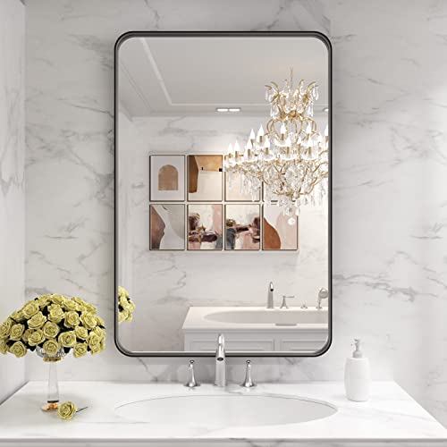 Black Bathroom Mirror 28x36 Inch Metal Framed Wall Mirror - Modern Vanity Decor