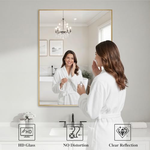 Gold Wall Mirror 30x40 Inch Rectangular Bathroom & Living Room Mirror - Horizontal or Vertical Mount - Variation: Gold / 40"L x 30"W
